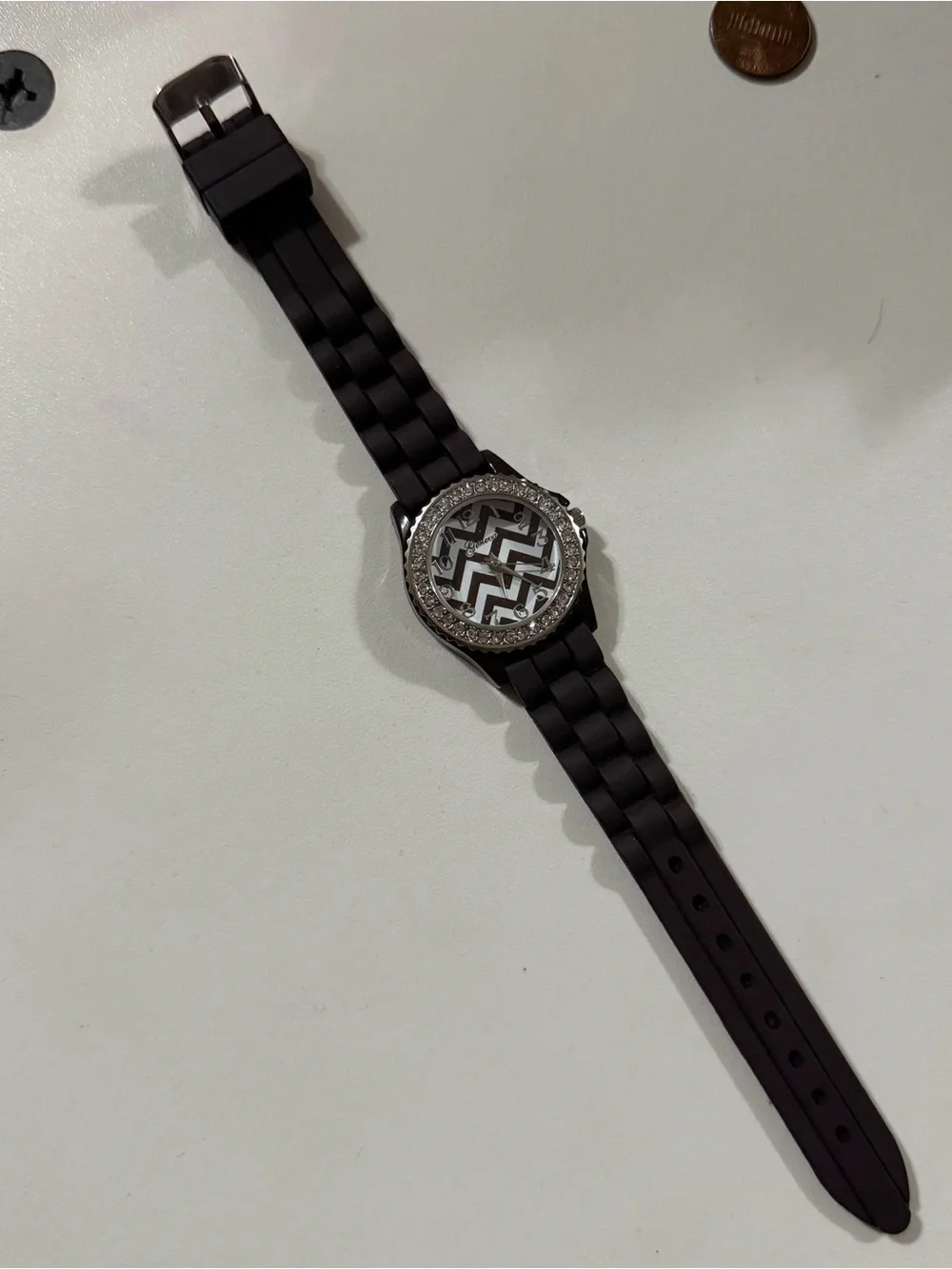 Geneva Black and White Chevron Crystal Accent Women's Watch